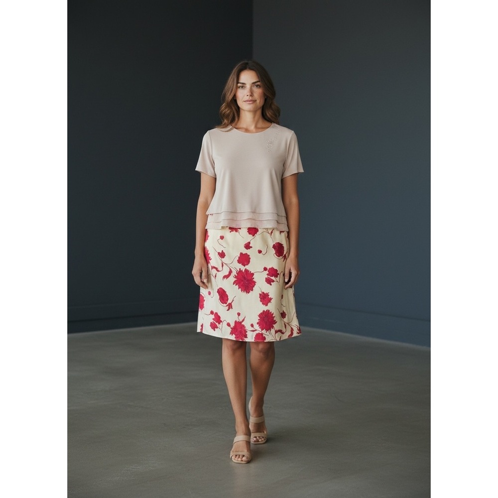 Omega Vintage 2 Piece Set Womens 2X Cream Red Floral Top and Midi Skirt USA - Picture 1 of 12